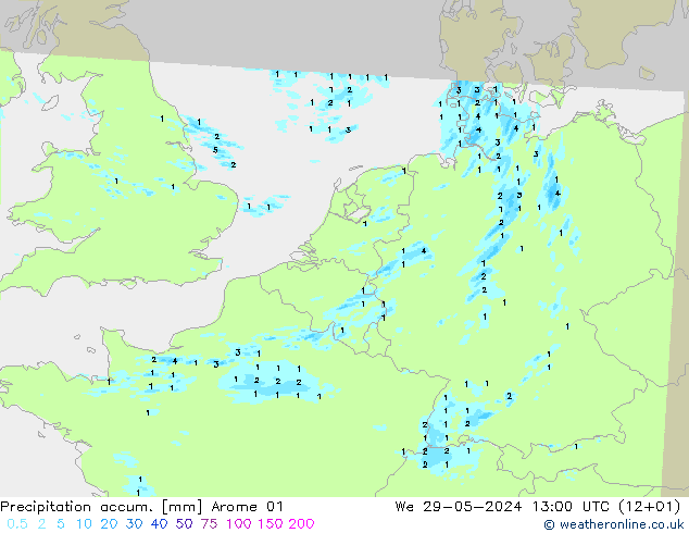 Précipitation accum. Arome 01 mer 29.05.2024 13 UTC