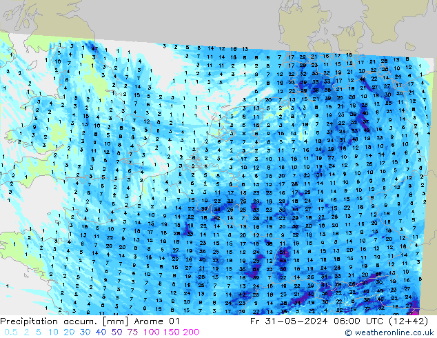 Precipitation accum. Arome 01 pt. 31.05.2024 06 UTC