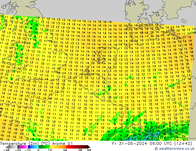 Temperaturkarte (2m) Arome 01 Fr 31.05.2024 06 UTC