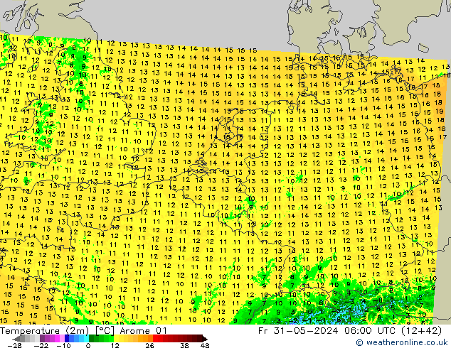 Temperature (2m) Arome 01 Fr 31.05.2024 06 UTC