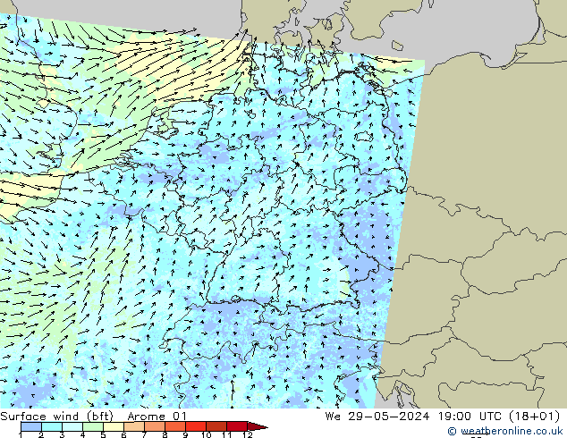 wiatr 10 m (bft) Arome 01 śro. 29.05.2024 19 UTC