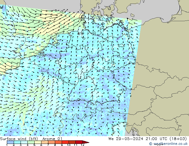 wiatr 10 m (bft) Arome 01 śro. 29.05.2024 21 UTC
