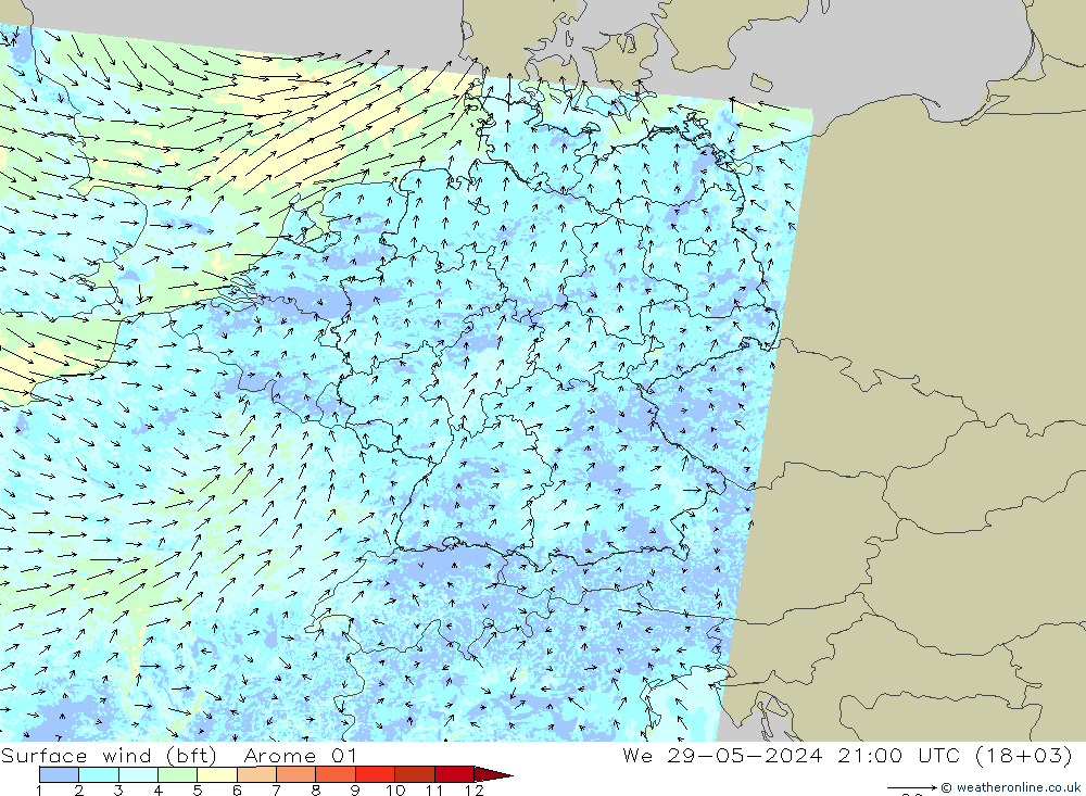 10 m (bft) Arome 01  29.05.2024 21 UTC