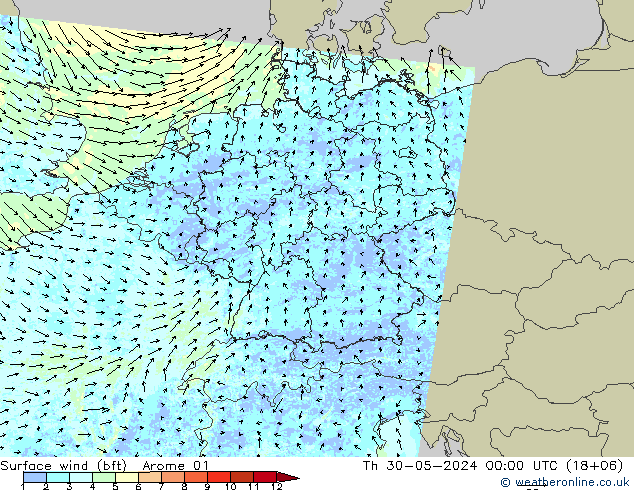 Rüzgar 10 m (bft) Arome 01 Per 30.05.2024 00 UTC