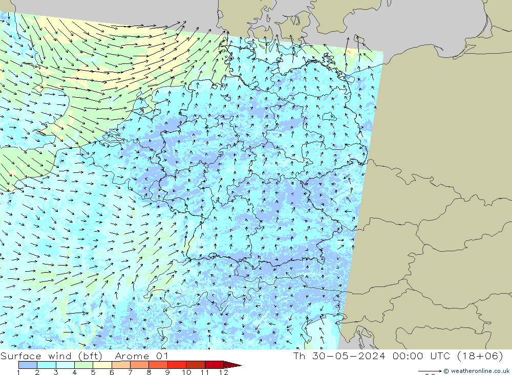 Bodenwind (bft) Arome 01 Do 30.05.2024 00 UTC