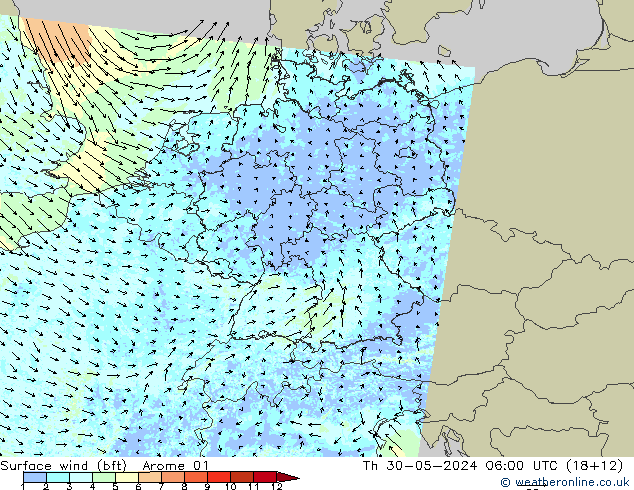 Wind 10 m (bft) Arome 01 do 30.05.2024 06 UTC