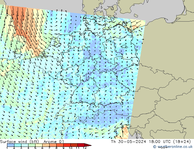 Surface wind (bft) Arome 01 Th 30.05.2024 18 UTC