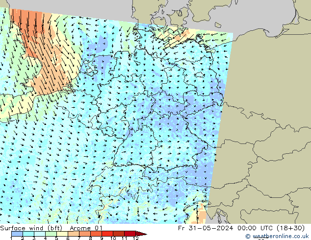 Wind 10 m (bft) Arome 01 vr 31.05.2024 00 UTC