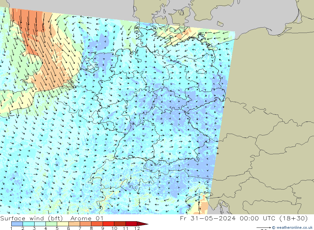 Surface wind (bft) Arome 01 Pá 31.05.2024 00 UTC