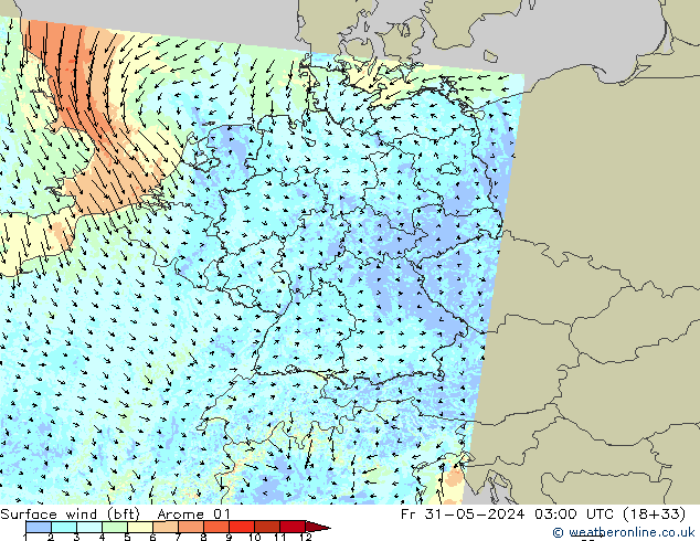 Rüzgar 10 m (bft) Arome 01 Cu 31.05.2024 03 UTC