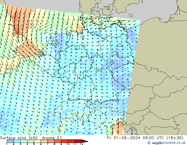 Rüzgar 10 m (bft) Arome 01 Cu 31.05.2024 06 UTC