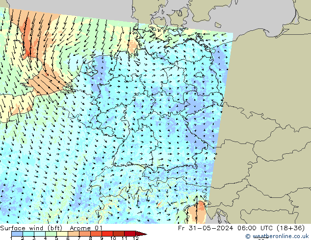 Wind 10 m (bft) Arome 01 vr 31.05.2024 06 UTC