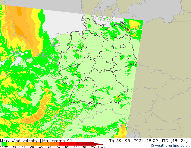 Max. wind velocity Arome 01 чт 30.05.2024 18 UTC