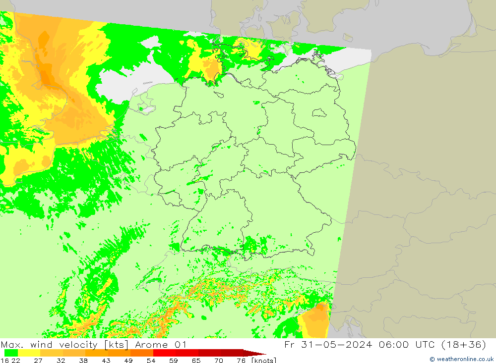 Max. wind snelheid Arome 01 vr 31.05.2024 06 UTC