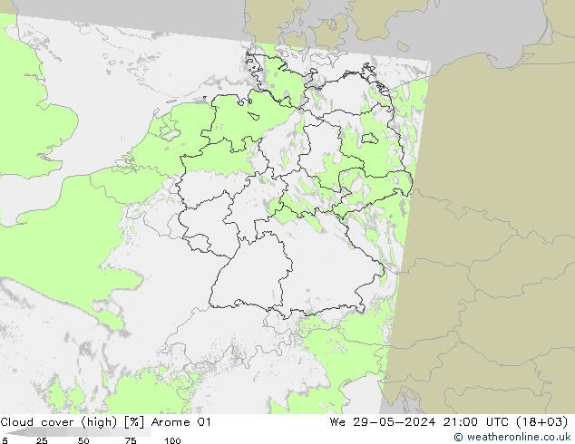 Cloud cover (high) Arome 01 We 29.05.2024 21 UTC