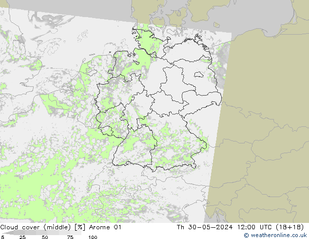 Cloud cover (middle) Arome 01 Th 30.05.2024 12 UTC