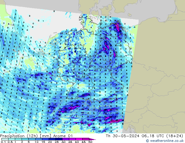 Totale neerslag (12h) Arome 01 do 30.05.2024 18 UTC