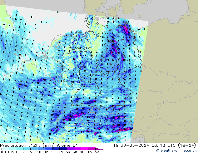 Nied. akkumuliert (12Std) Arome 01 Do 30.05.2024 18 UTC