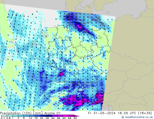 Precipitación (12h) Arome 01 vie 31.05.2024 06 UTC