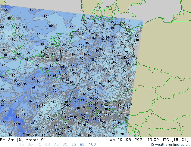 Humidité rel. 2m Arome 01 mer 29.05.2024 19 UTC