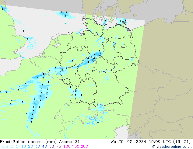 Precipitation accum. Arome 01 ср 29.05.2024 19 UTC