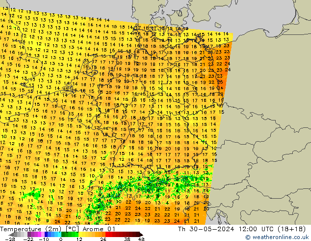 température (2m) Arome 01 jeu 30.05.2024 12 UTC