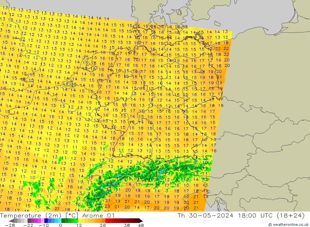 温度图 Arome 01 星期四 30.05.2024 18 UTC