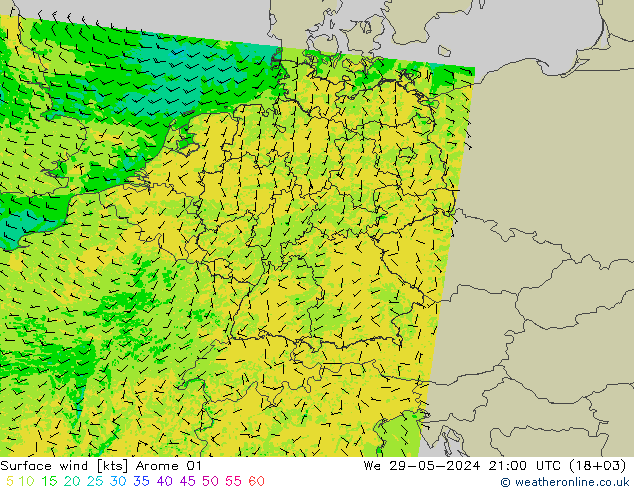 Surface wind Arome 01 We 29.05.2024 21 UTC