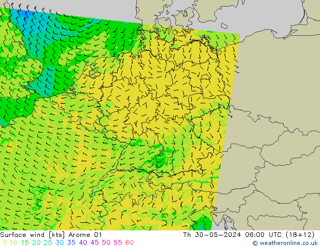 Wind 10 m Arome 01 do 30.05.2024 06 UTC