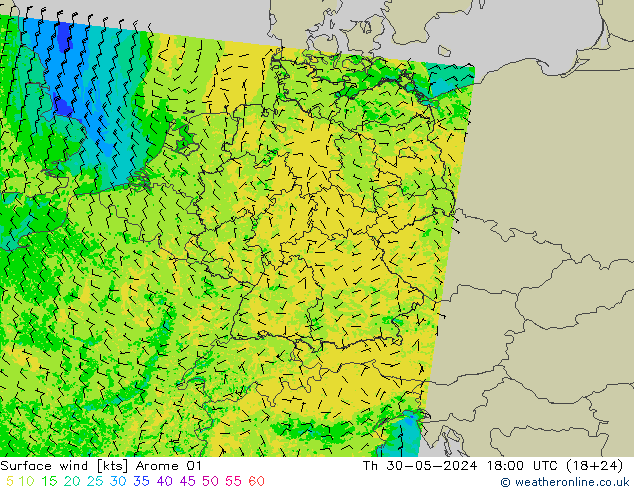 ветер 10 m Arome 01 чт 30.05.2024 18 UTC