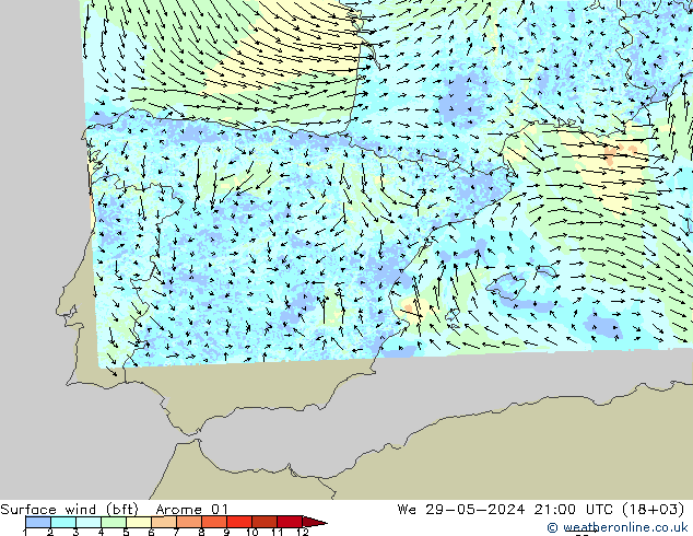 Rüzgar 10 m (bft) Arome 01 Çar 29.05.2024 21 UTC