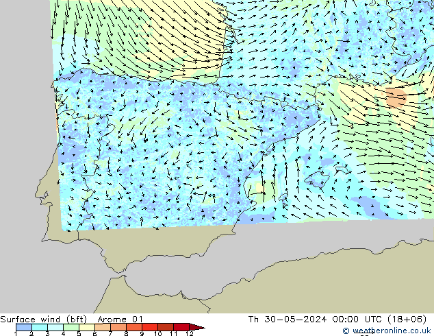 Surface wind (bft) Arome 01 Čt 30.05.2024 00 UTC