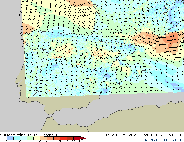 Vento 10 m (bft) Arome 01 Qui 30.05.2024 18 UTC