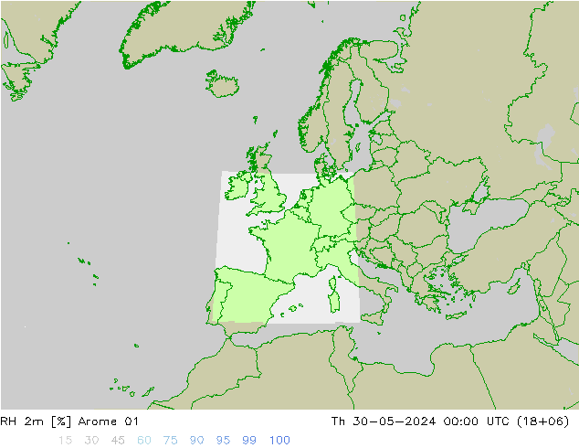 RH 2m Arome 01 Th 30.05.2024 00 UTC