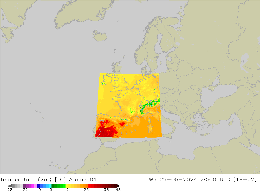 Sıcaklık Haritası (2m) Arome 01 Çar 29.05.2024 20 UTC