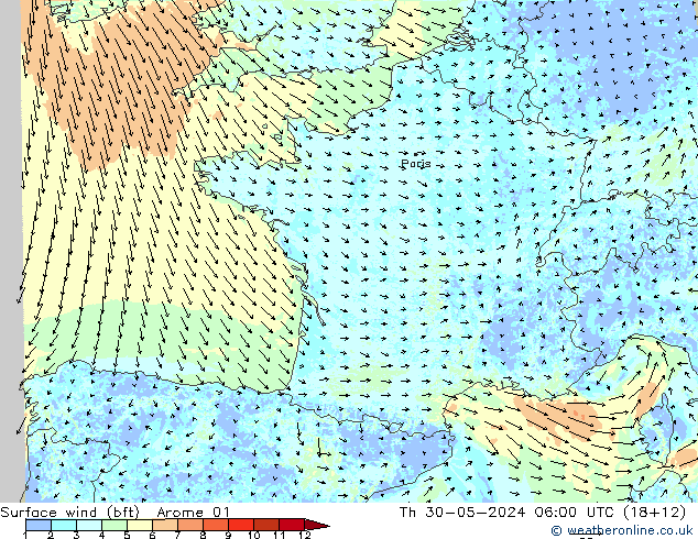 Surface wind (bft) Arome 01 Th 30.05.2024 06 UTC