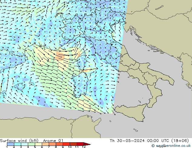 Rüzgar 10 m (bft) Arome 01 Per 30.05.2024 00 UTC