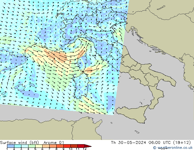 Wind 10 m (bft) Arome 01 do 30.05.2024 06 UTC