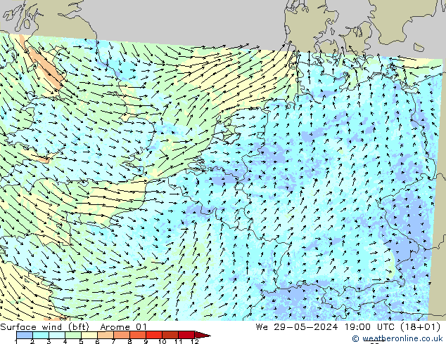 Bodenwind (bft) Arome 01 Mi 29.05.2024 19 UTC