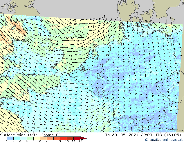 Surface wind (bft) Arome 01 Th 30.05.2024 00 UTC