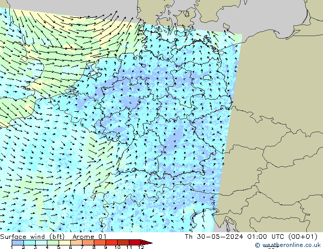 �N 10 米 (bft) Arome 01 星期四 30.05.2024 01 UTC