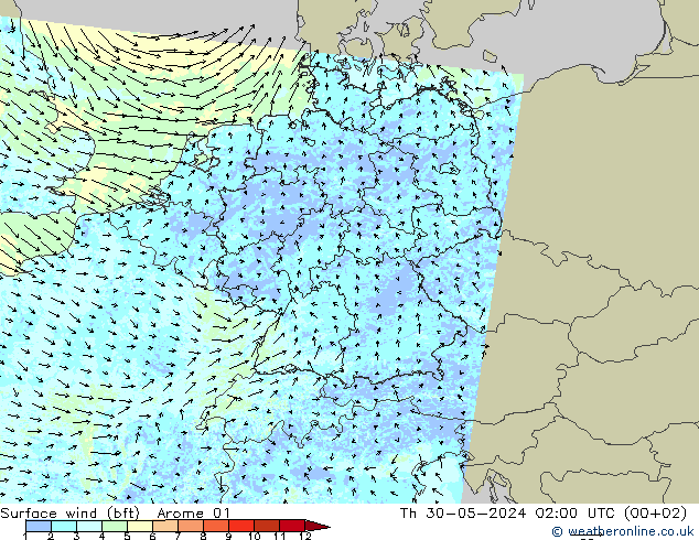 Vento 10 m (bft) Arome 01 Qui 30.05.2024 02 UTC