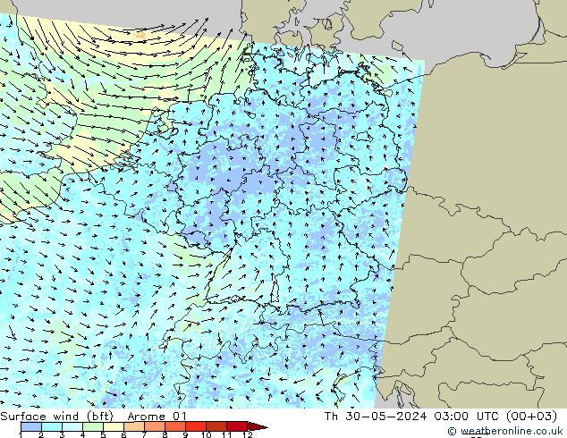 Bodenwind (bft) Arome 01 Do 30.05.2024 03 UTC