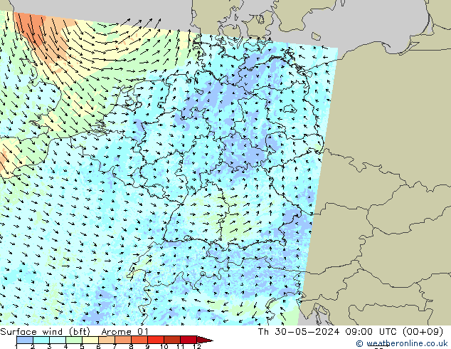 Surface wind (bft) Arome 01 Th 30.05.2024 09 UTC