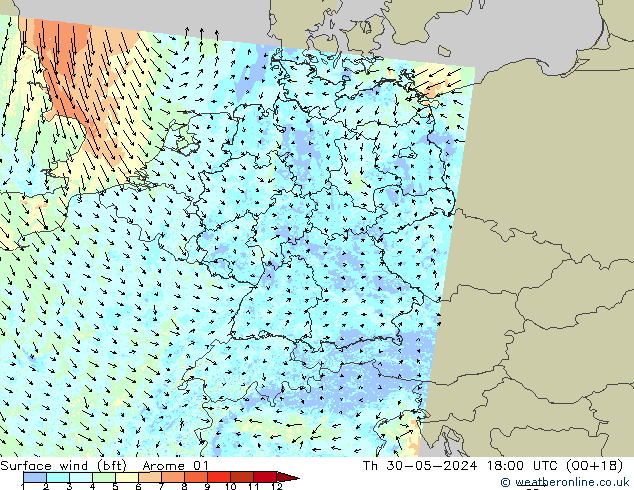 Surface wind (bft) Arome 01 Čt 30.05.2024 18 UTC