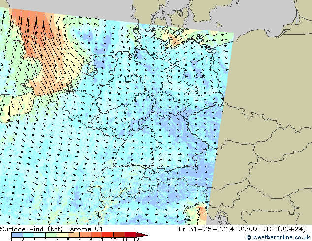 Surface wind (bft) Arome 01 Fr 31.05.2024 00 UTC