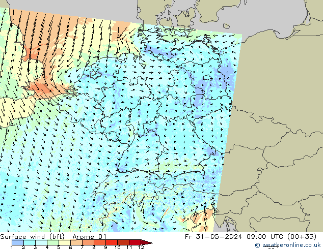 Surface wind (bft) Arome 01 Pá 31.05.2024 09 UTC