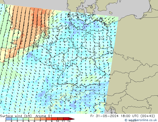 Surface wind (bft) Arome 01 Fr 31.05.2024 18 UTC
