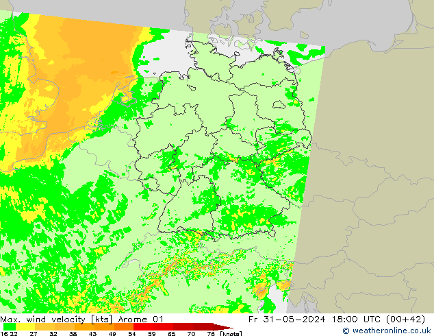 Max. wind snelheid Arome 01 vr 31.05.2024 18 UTC