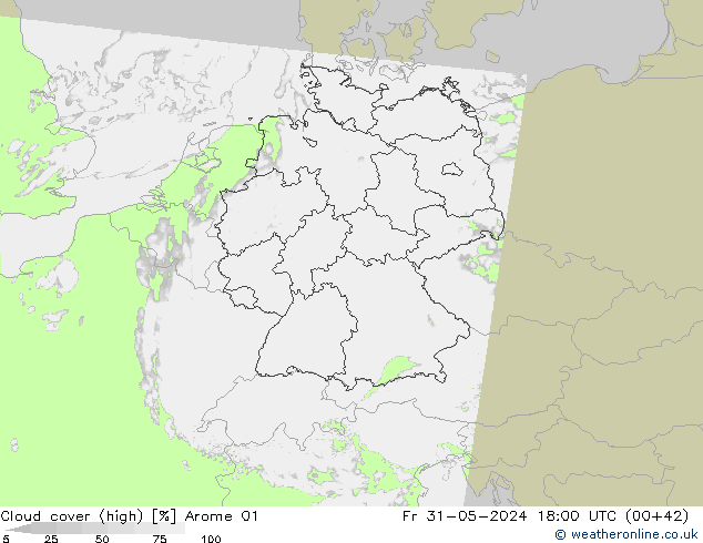 Cloud cover (high) Arome 01 Fr 31.05.2024 18 UTC